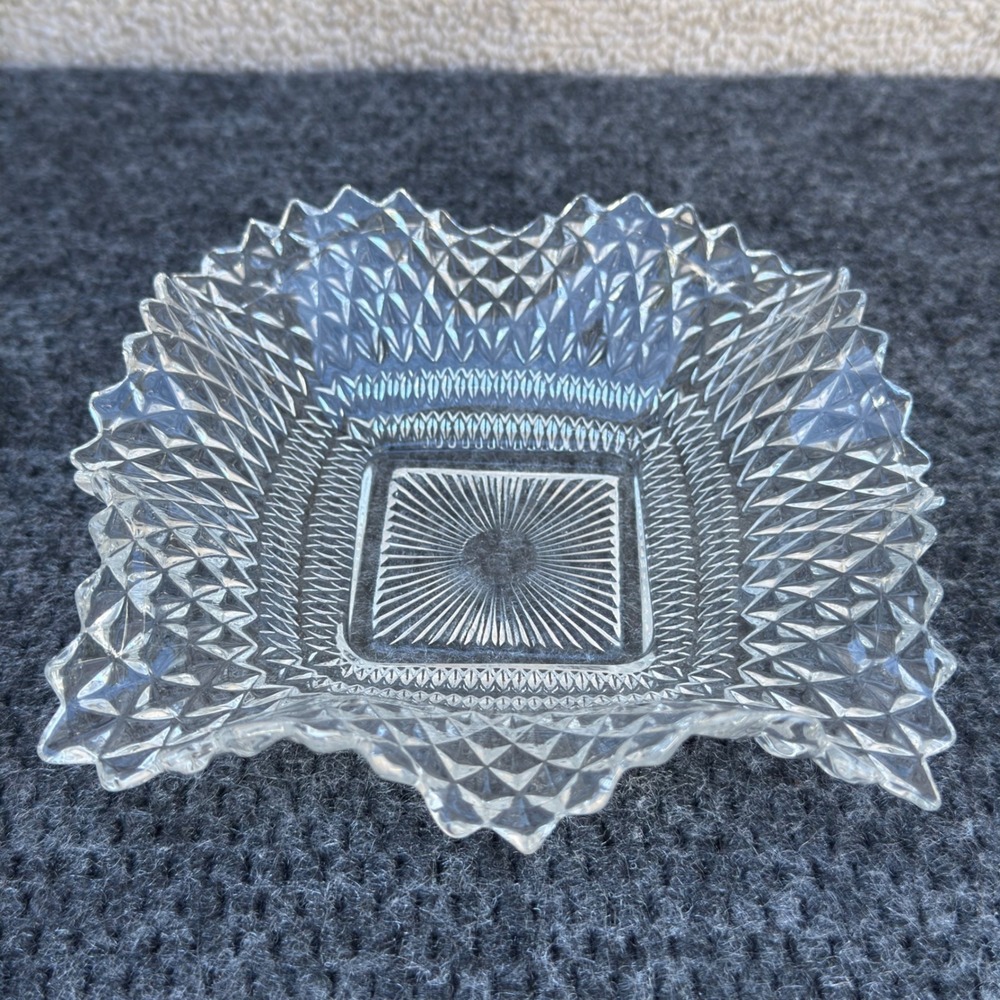 Vintage Indiana Glass Diamond Point Clear Pressed Glass Square Candy Dish Bowl